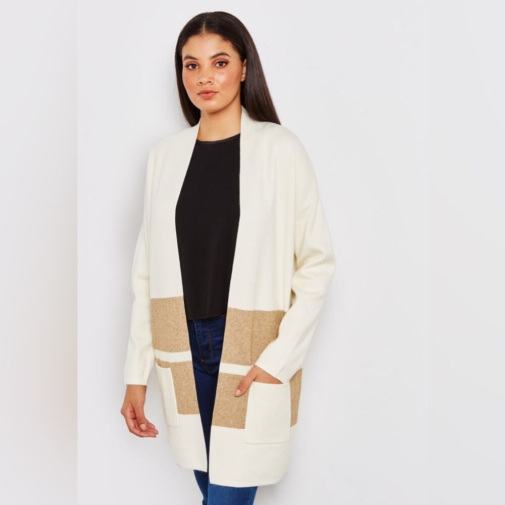 Lumiere Longline Color Block Creme Gold Metallic Cardigan Size M Holiday